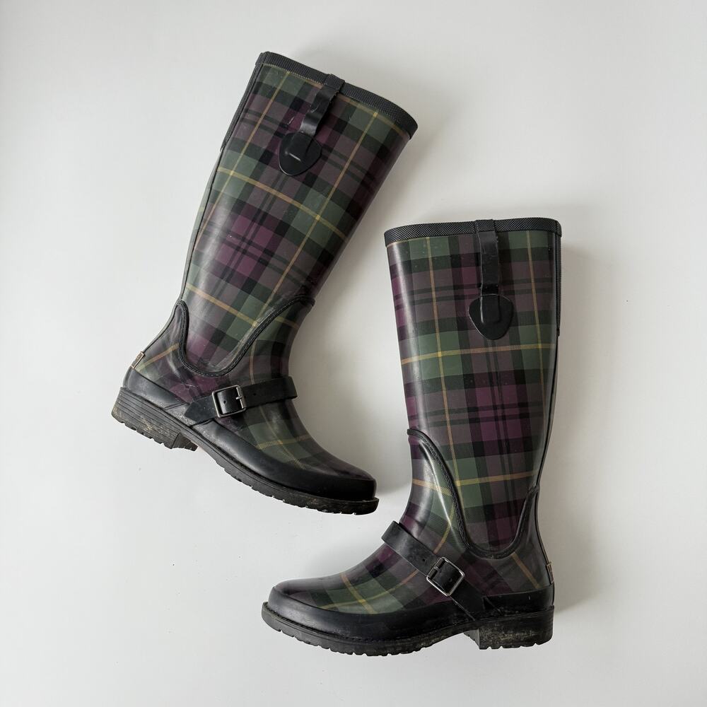 L.L. Bean Boots Womens Size 8 Plaid Knee High Rain Wellie Rubber Waterproof